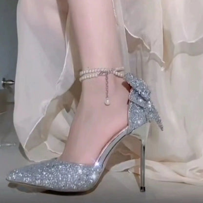 Crystal Shoes Sandals Ladies Beige High Heels Bling Bling 2025 Ornaments African Spring 12cm Silver Bridal Latest Wedding Pumps