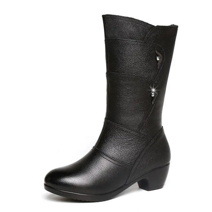 Women Mid-calf Boots Wedge-heeled Soft Leather Mother Shoes Winter Velvet Snow Women Boots Side Zipper Thick Heeled Punk Boots