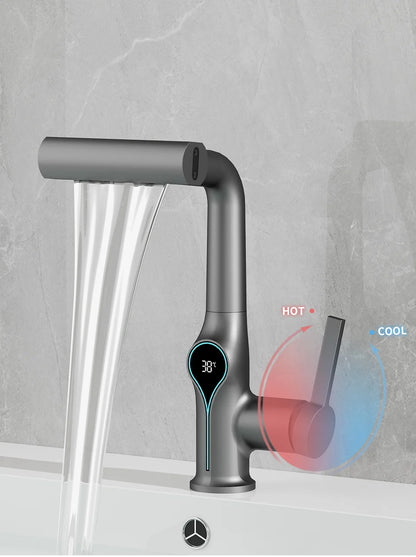 Waterfall Temperature Digital Display Basin Faucet Lift Up Down Stream Sprayer Hot Cold Water Sink Mixer Wash Tap For Bathroom