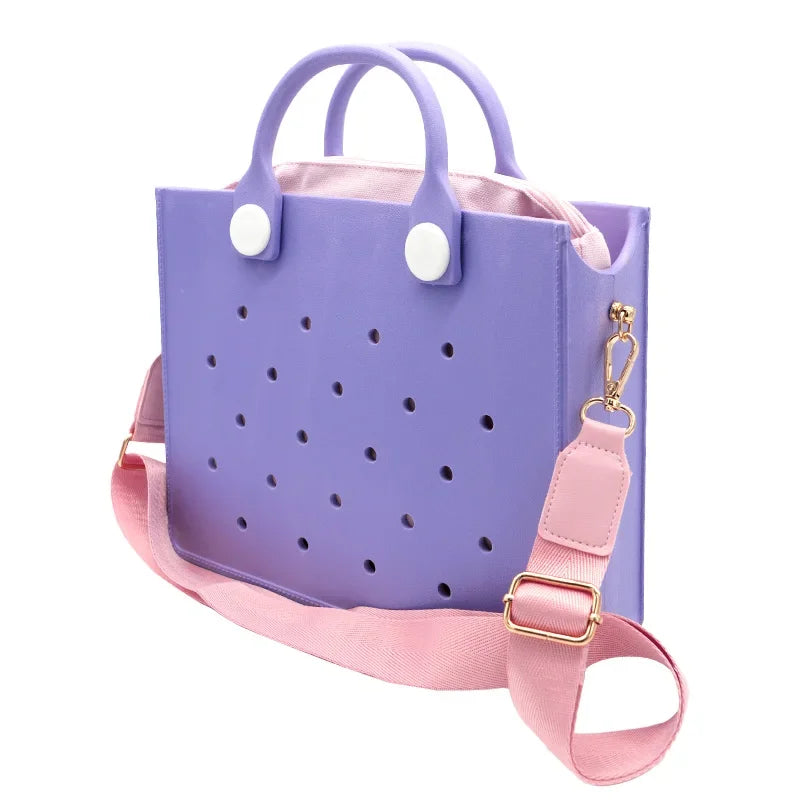 Beach Tote Travel Handbag Storage Fashion Storage EVA Large Leather Shoulder Bag for Women Casual Waterproof Bag Hole Fit Charms