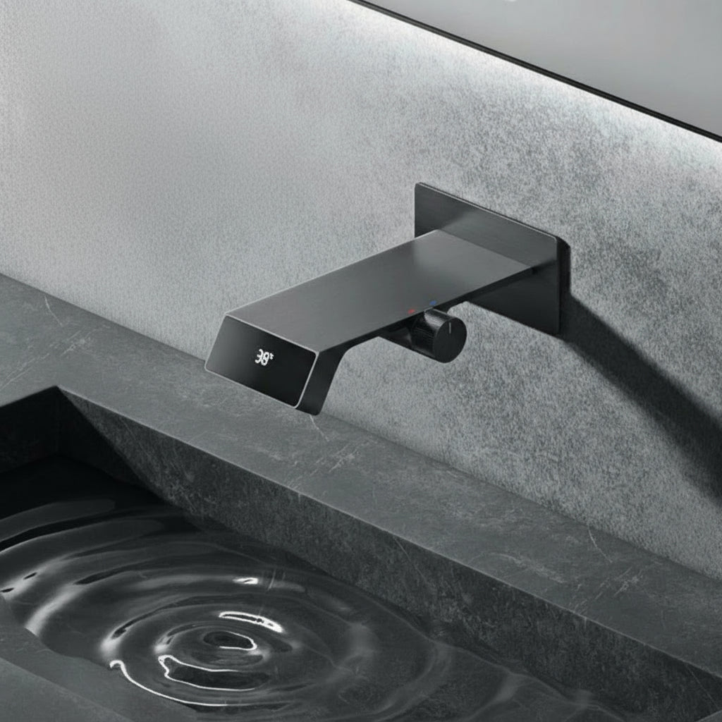 Luxury gun gray brass bathroom faucet LED digital display design, hot and cold water in wall type single handle basin faucet