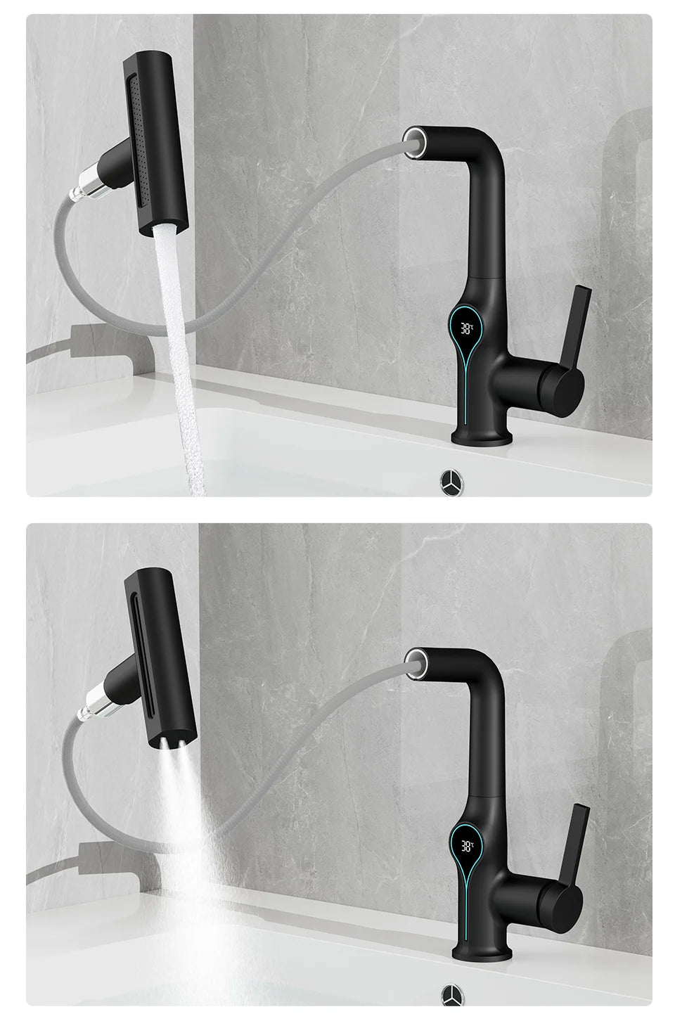 Waterfall Temperature Digital Display Basin Faucet Lift Up Down Stream Sprayer Hot Cold Water Sink Mixer Wash Tap For Bathroom