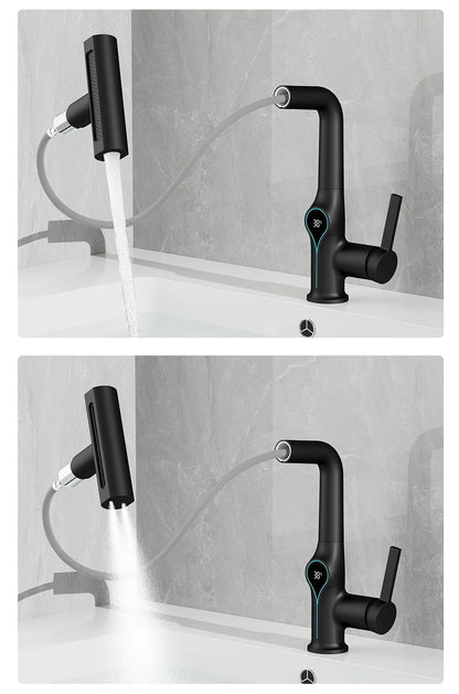 Waterfall Temperature Digital Display Basin Faucet Lift Up Down Stream Sprayer Hot Cold Water Sink Mixer Wash Tap For Bathroom