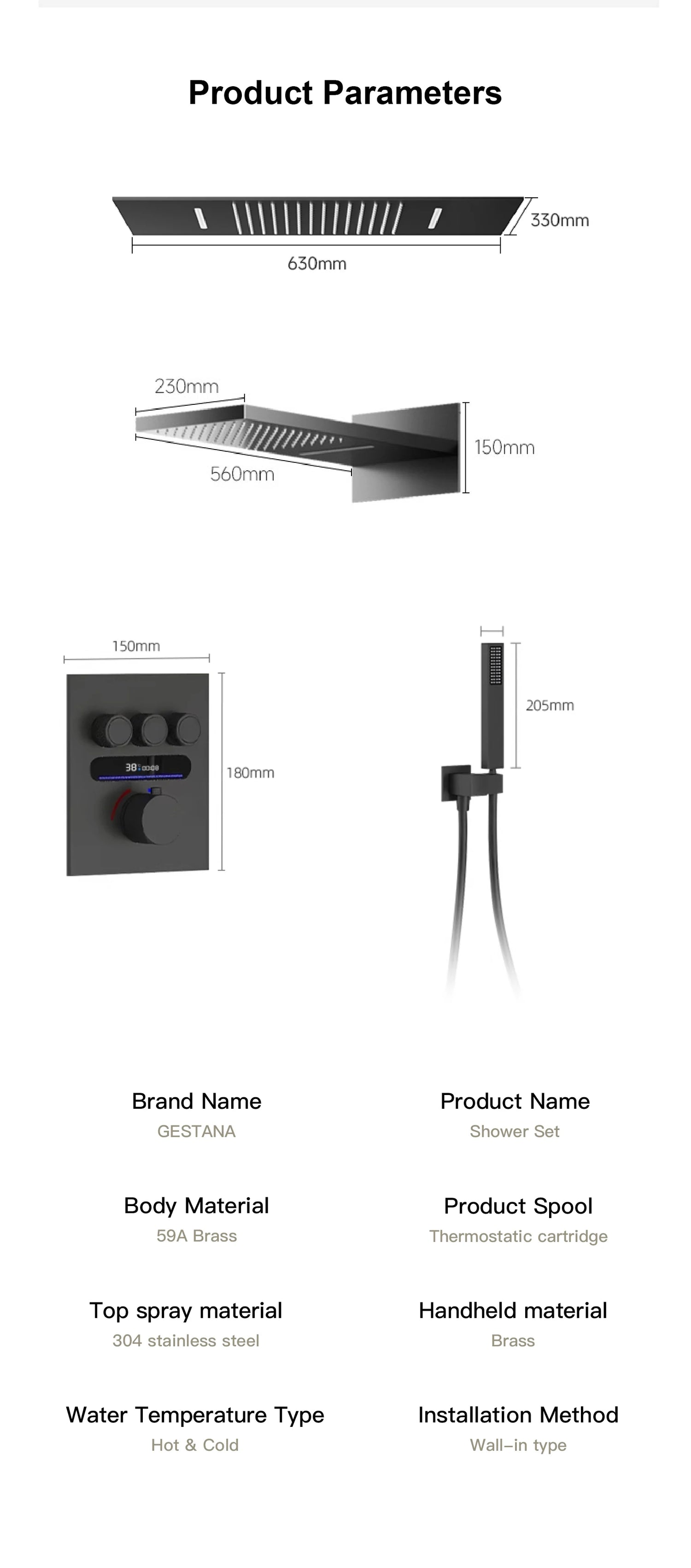 Luxury  gold LED digital display constant temperature shower system with hot&amp;cold water ceiling embedded bath Mixer