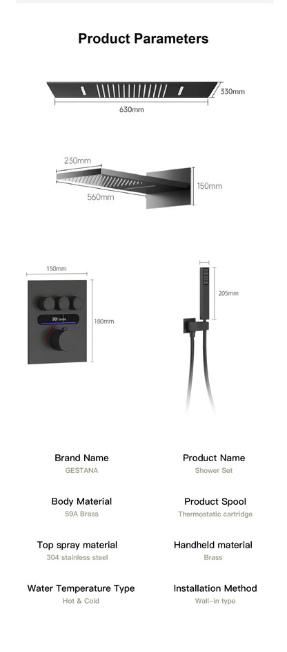 Luxury  gold LED digital display constant temperature shower system with hot&amp;cold water ceiling embedded bath Mixer