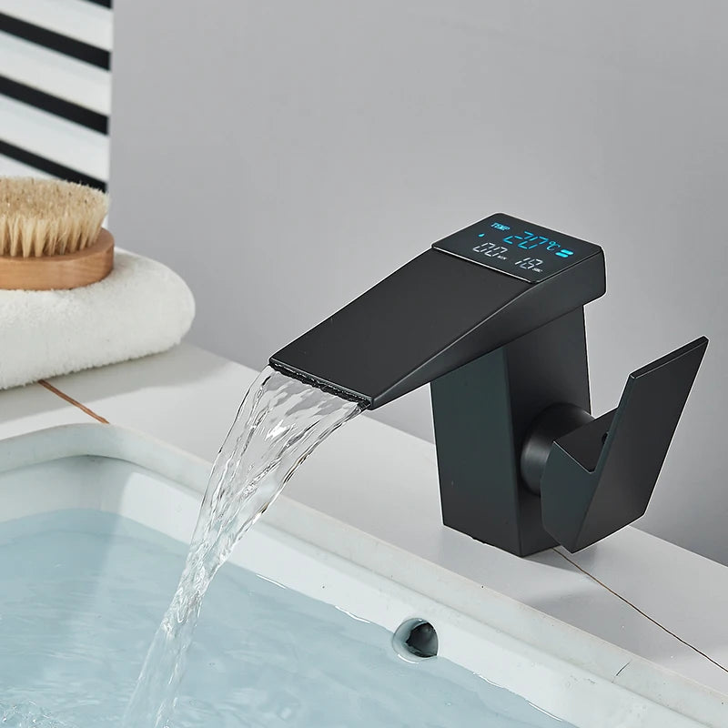 Smart Digital Display Basin Sink Faucet Hot Cold Water Temperature LED  Washbasin Waterfall Taps Bathroom Deck Mixers