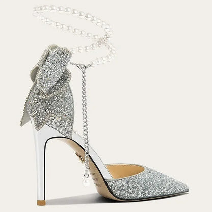 French new pointy shallow mouth temperament elegant sequin bow high heels women&