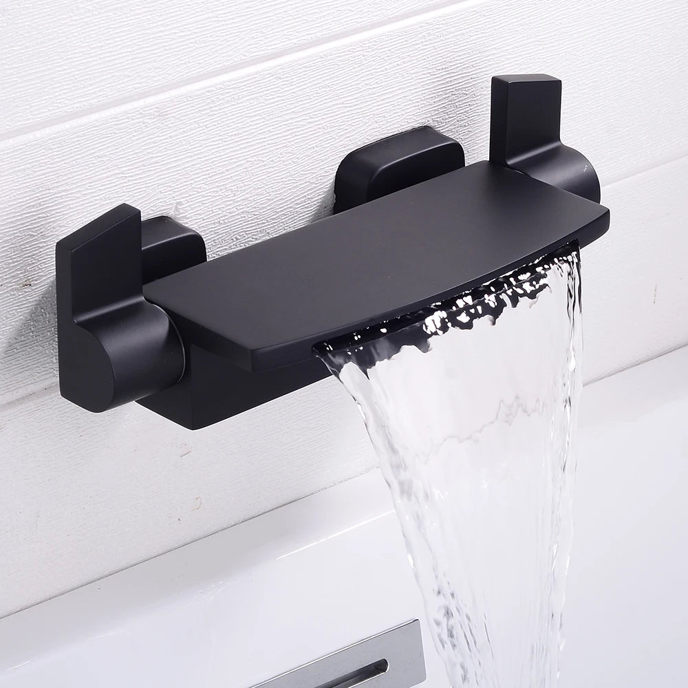 Black Bathroom Waterfall Tub Faucet Deck Mount Dual Handle Brass Bathtub Shower Faucet Mixer Tub Tap