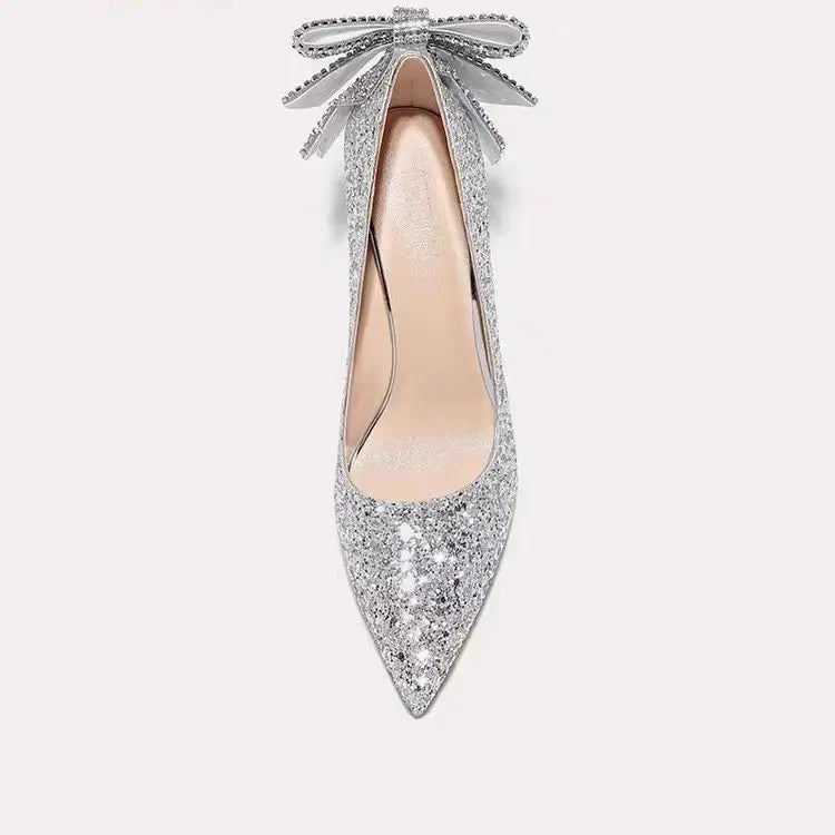 Silver Crystal Soft Leather High Heels Women&