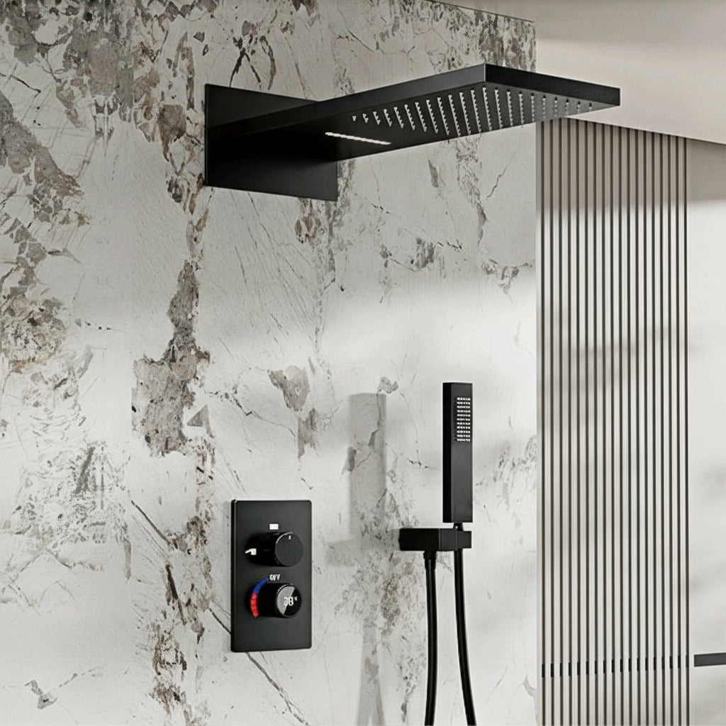 Luxury black shower system with wall mounted design LED digital display for dual control of hot & cold Simple bathroom Tap