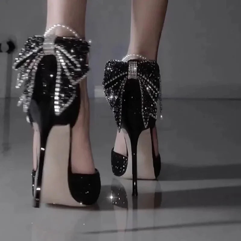 French new pointy shallow mouth temperament elegant sequin bow high heels women&