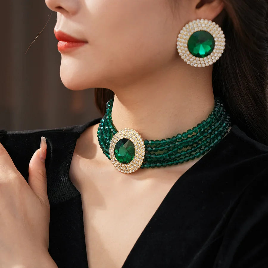 Inlaid Rhinestone Glass Round Green Jewelry Sets for Women Necklace Emerald Light Luxury Collarbone Chain Earrings Set Wedding