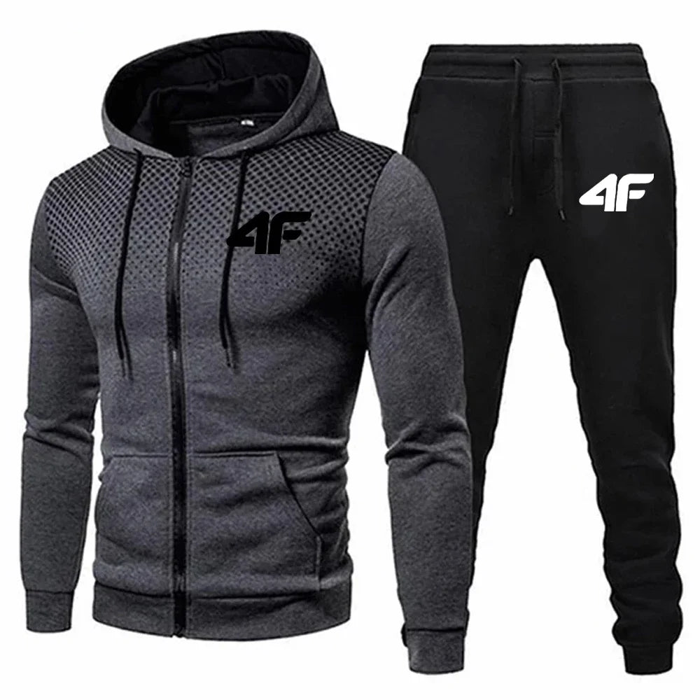 Autumn Winter Mens Tracksuit Jogging Sweatpants 2 Piece Set Sport Zipper Jacket+Running Trousers Suit Casual Printing Clothing