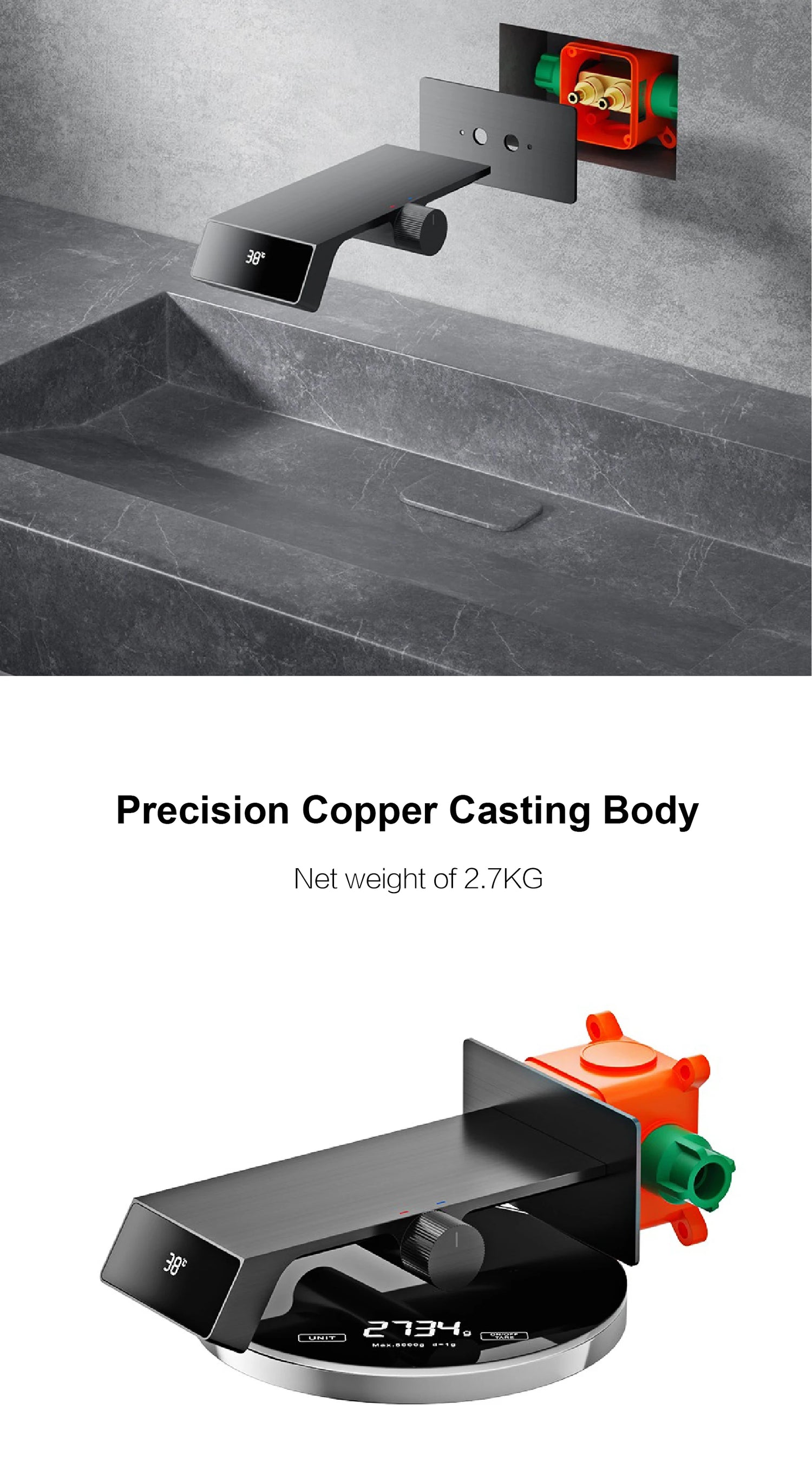 Luxury gun gray brass bathroom faucet LED digital display design, hot and cold water in wall type single handle basin faucet