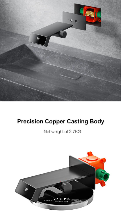 Luxury gun gray brass bathroom faucet LED digital display design, hot and cold water in wall type single handle basin faucet