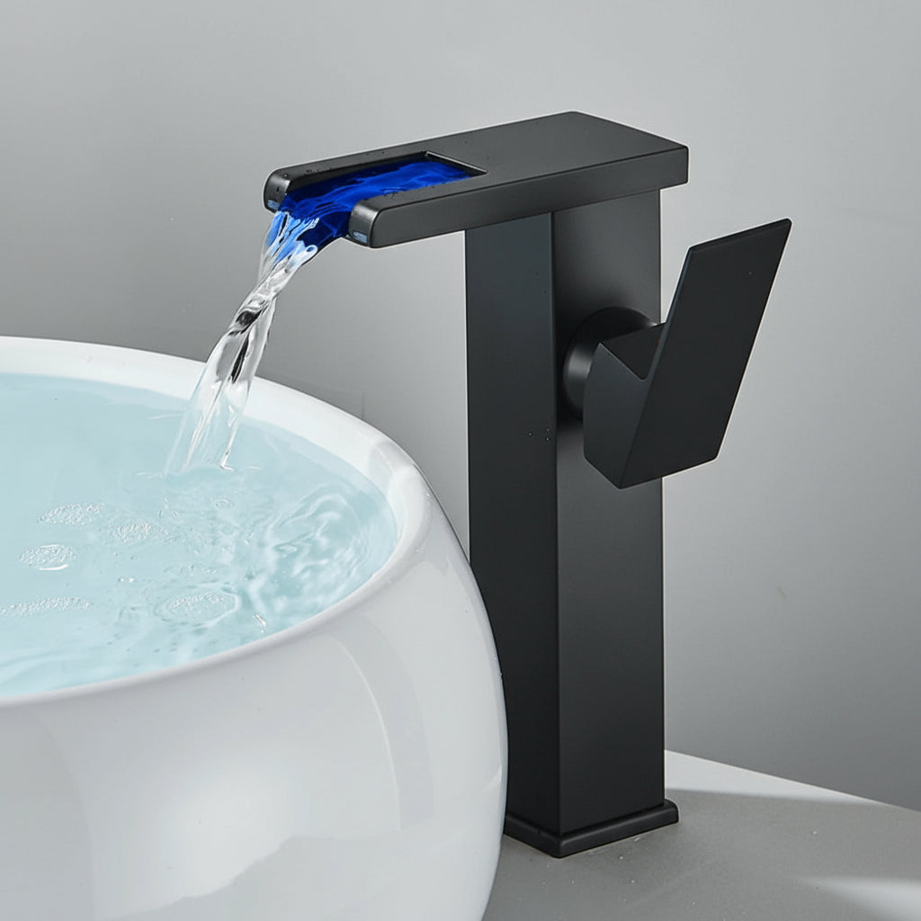 LED Bathroom Sink Faucet Brass Waterfall Faucet BlackBathroom Hot/Cold Mixer Crane Deck Mounted Wash Sink Taps Single Handle Tap