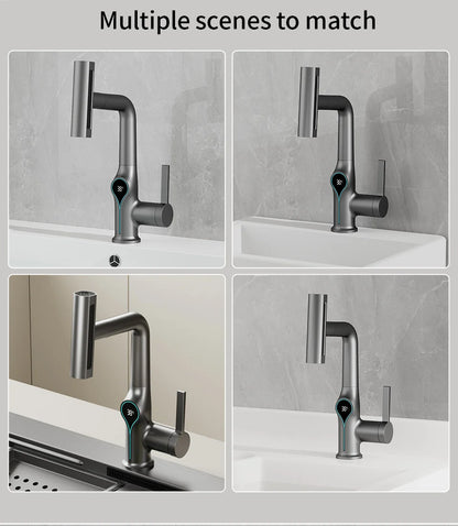 Waterfall Temperature Digital Display Basin Faucet Lift Up Down Stream Sprayer Hot Cold Water Sink Mixer Wash Tap For Bathroom