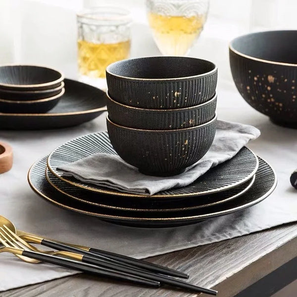 Luxury Golden Border Porcelain Dinner Plate Black Striped Ceramic Dishes Household Tableware Set Hotel Restaurant Bowl New
