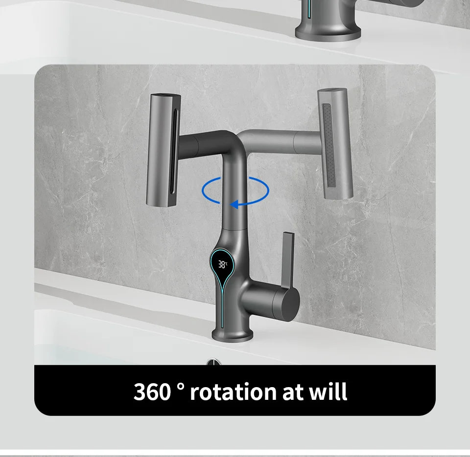 Waterfall Temperature Digital Display Basin Faucet Lift Up Down Stream Sprayer Hot Cold Water Sink Mixer Wash Tap For Bathroom