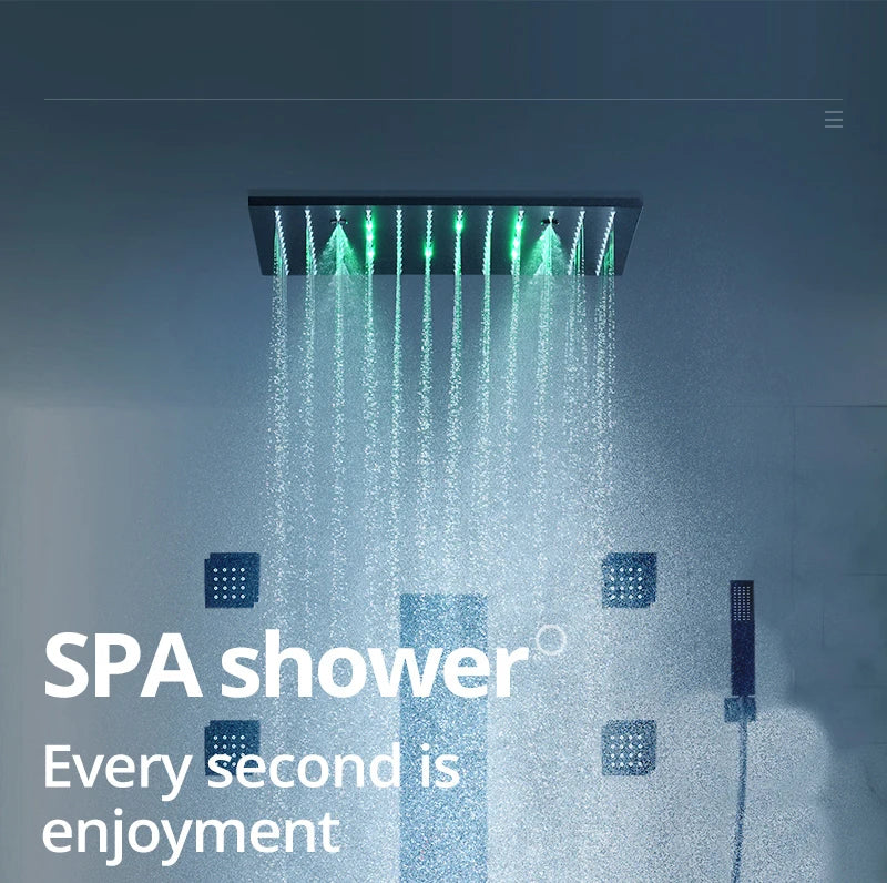 Luxury 16/20 Inch 400/500mm Rainfall Mist Spray LED Shower Head Set Constant Temperature Valve Mixer With Side Massage Jets