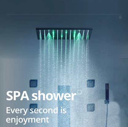 Luxury 16/20 Inch 400/500mm Rainfall Mist Spray LED Shower Head Set Constant Temperature Valve Mixer With Side Massage Jets
