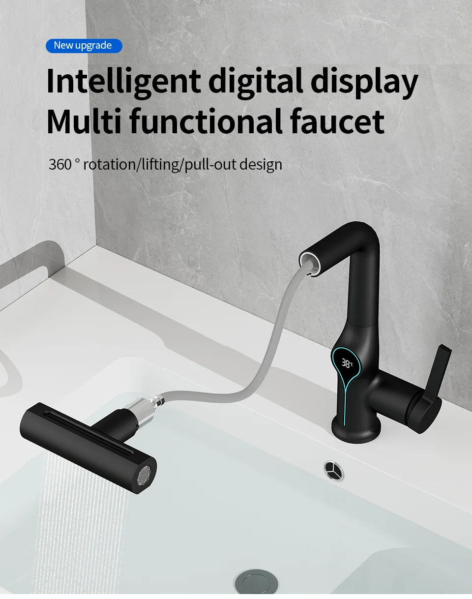 Waterfall Temperature Digital Display Basin Faucet Lift Up Down Stream Sprayer Hot Cold Water Sink Mixer Wash Tap For Bathroom