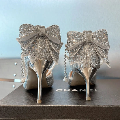 French new pointy shallow mouth temperament elegant sequin bow high heels women&