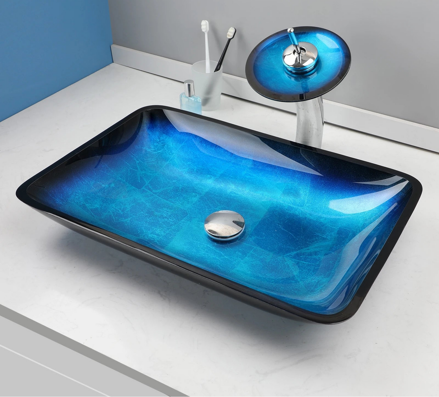 ZAPPO Tempered Glass Bathroom Vessel Sink with Waterfall Black Faucet Tap Bathroom Oval Blue Vessel Sinks Above Counter Basin