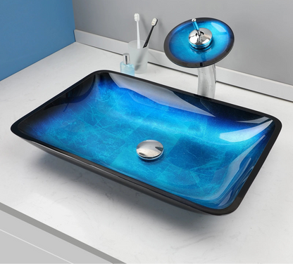 ZAPPO Tempered Glass Bathroom Vessel Sink with Waterfall Black Faucet Tap Bathroom Oval Blue Vessel Sinks Above Counter Basin