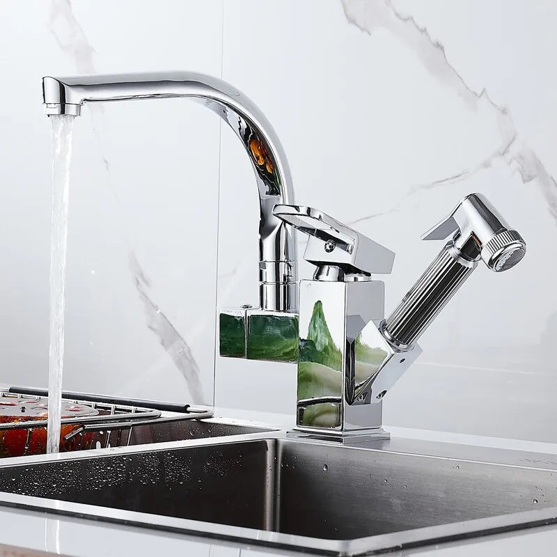 kitchen Sink Faucet Black Deck Mounted Flexible Pull Out Mixer Tap Hot Cold Kitchen Faucet Spring Spout Chrome Silver Faucet