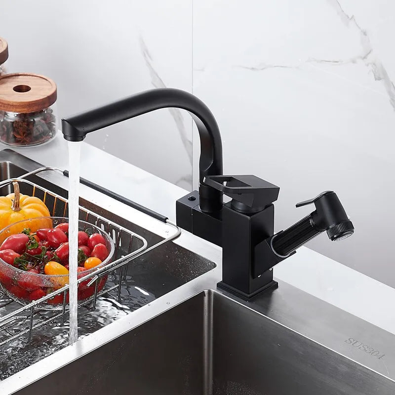 kitchen Sink Faucet Black Deck Mounted Flexible Pull Out Mixer Tap Hot Cold Kitchen Faucet Spring Spout Chrome Silver Faucet