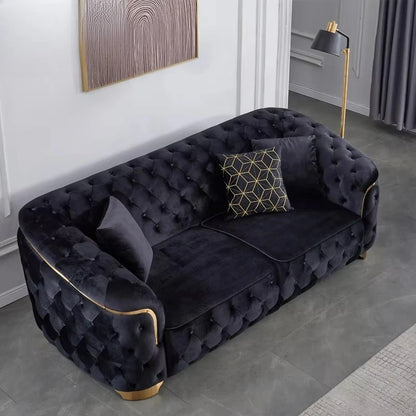 Modern luxury velvet Chesterfield Lounge sofa set with gold base and wooden legs for villa living room