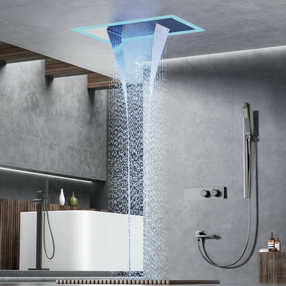 Luxury brass gun gray ceiling constant temperature shower system LED digital display hot and cold water embedded bathroom faucet