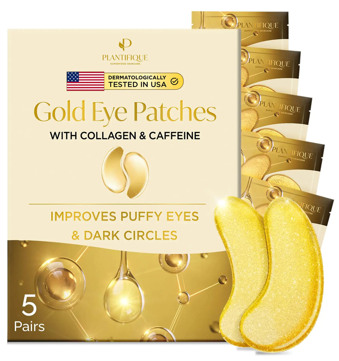 PLANTIFIQUE Gold Under Eye Patches for Puffy Eyes and Dark Circles 5 Pairs Under Eye Masks for Dark Circles and Puffiness Eye Gels with Collagen &amp; Caffeine Eye Patches Gold Eye Mask Skincare
