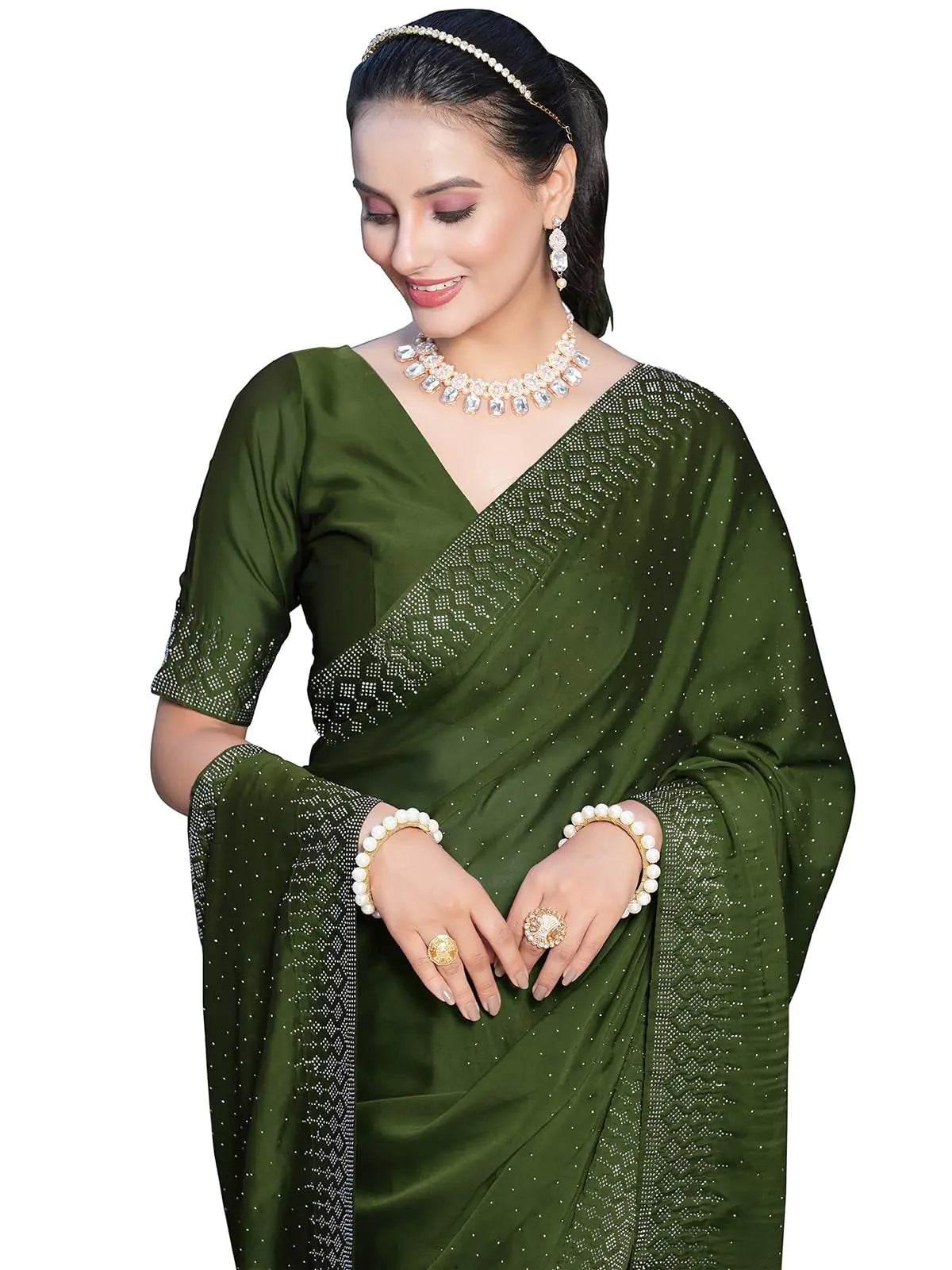 SIRIL Womens Georgette Dyed &amp; Hot Fixing Saree with Unstitched Blouse Piece (3186S132_Olive Green)