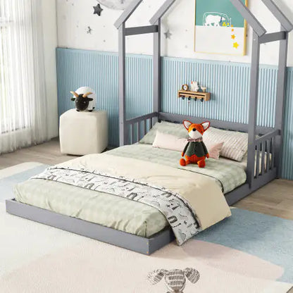 Grey Full Roof-frame Floor Bed with Guardrails