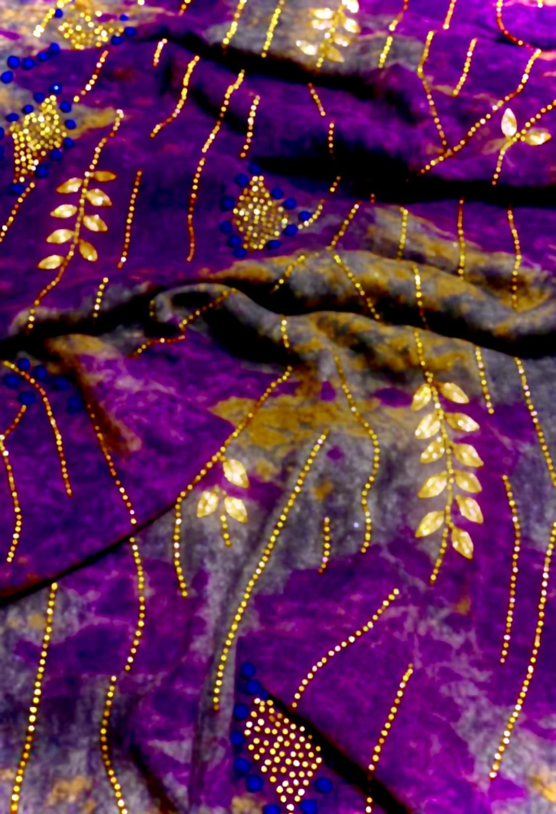 Luxury Indian Embroidered Chiffon Fabric - Purple with Gold Embroidery - Soft Lightweight Bridal &amp; Designer Wear Fabric for Dresses, Dupattas &amp; Crafts - 1 Yard