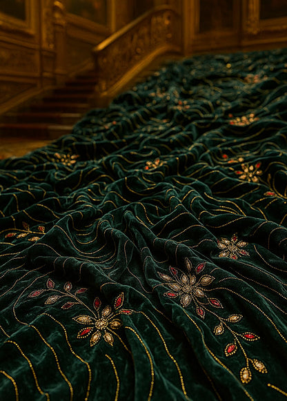 Luxury Royal Green Embroidered Velvet Fabric – Gold &amp; Red Floral Design | Premium Fabric for Dresses, Gowns, Dupattas, Décor – 1 Yard