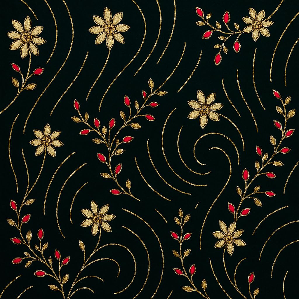 Luxury Royal Green Embroidered Velvet Fabric – Gold &amp; Red Floral Design | Premium Fabric for Dresses, Gowns, Dupattas, Décor – 1 Yard