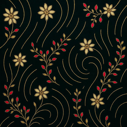 Luxury Royal Green Embroidered Velvet Fabric – Gold &amp; Red Floral Design | Premium Fabric for Dresses, Gowns, Dupattas, Décor – 1 Yard