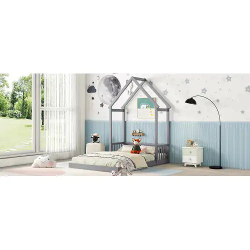 Grey Full Roof-frame Floor Bed with Guardrails