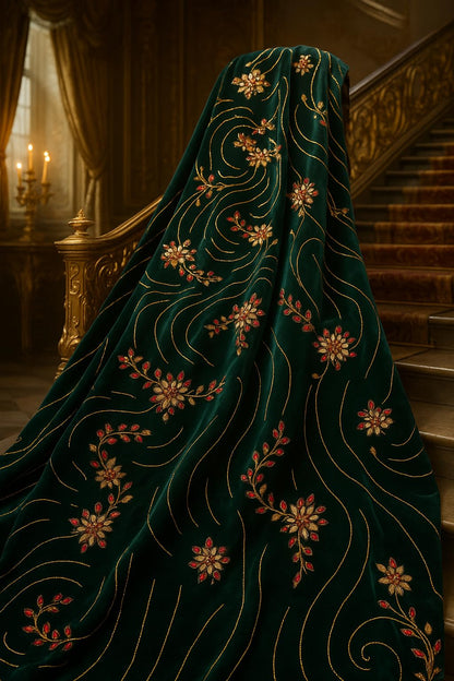 Luxury Royal Green Embroidered Velvet Fabric – Gold &amp; Red Floral Design | Premium Fabric for Dresses, Gowns, Dupattas, Décor – 1 Yard