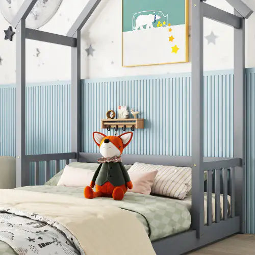 Grey Full Roof-frame Floor Bed with Guardrails