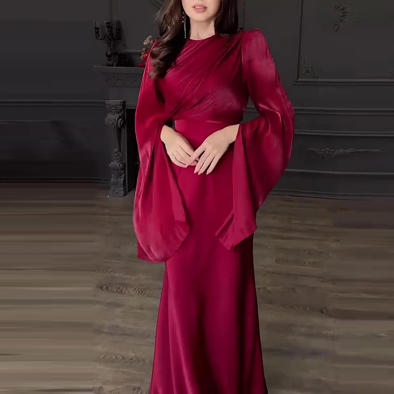 Vintage High Waisted Women Satin Long Dress New Ladies Temperament Crew Collar D