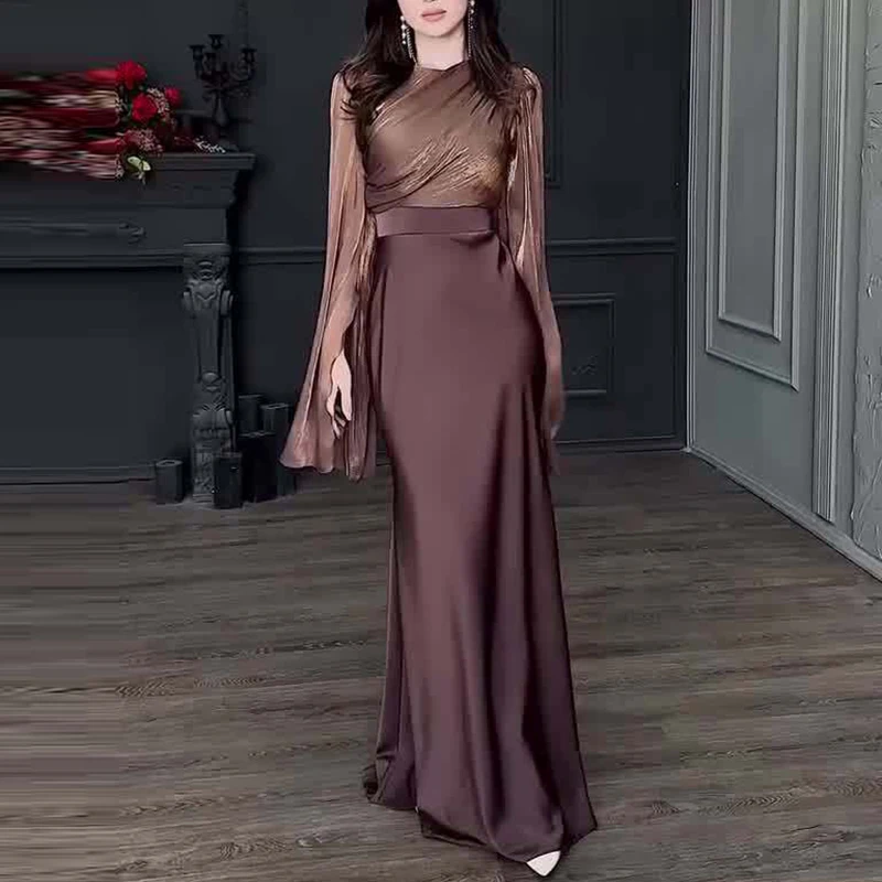 Vintage High Waisted Women Satin Long Dress New Ladies Temperament Crew Collar D