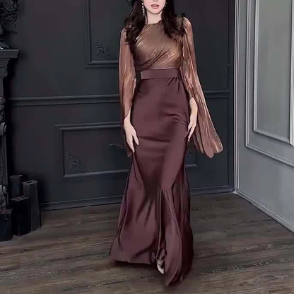 Vintage High Waisted Women Satin Long Dress New Ladies Temperament Crew Collar D