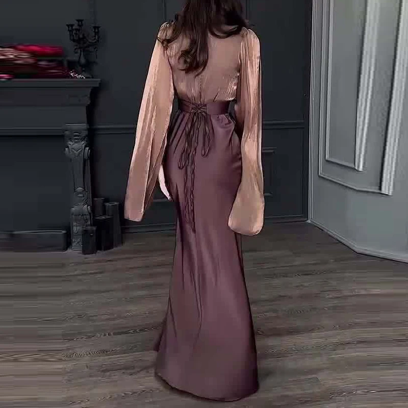Vintage High Waisted Women Satin Long Dress New Ladies Temperament Crew Collar D