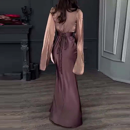 Vintage High Waisted Women Satin Long Dress New Ladies Temperament Crew Collar D
