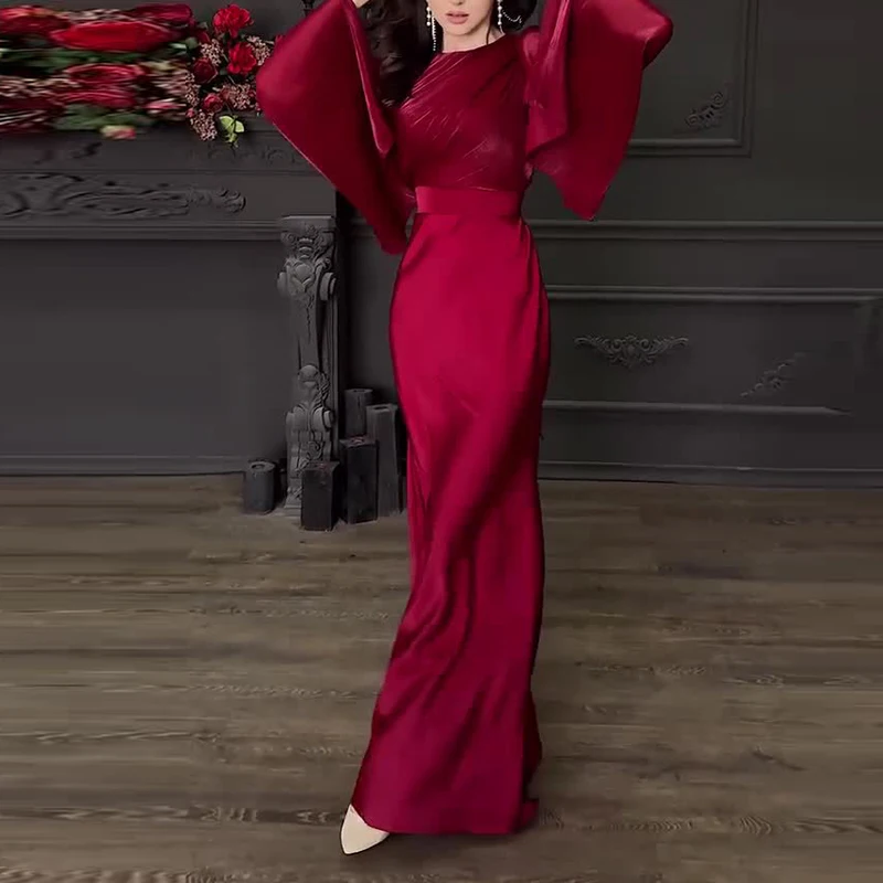 Vintage High Waisted Women Satin Long Dress New Ladies Temperament Crew Collar D