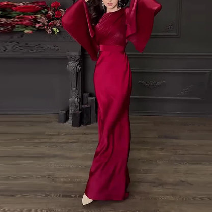 Vintage High Waisted Women Satin Long Dress New Ladies Temperament Crew Collar D